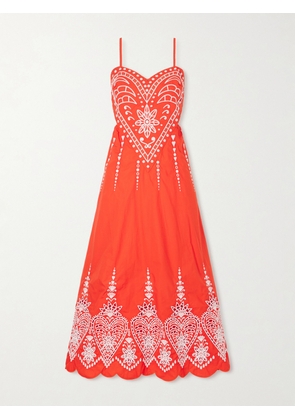 Farm Rio - Heart Broderie Anglaise Cotton Midi Dress - Red - xx small,x small,small,medium,large,x large