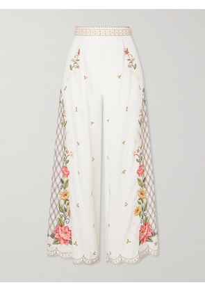 Farm Rio - Embroidered Linen-blend Wide-leg Pants - White - xx small,x small,small,medium,large,x large
