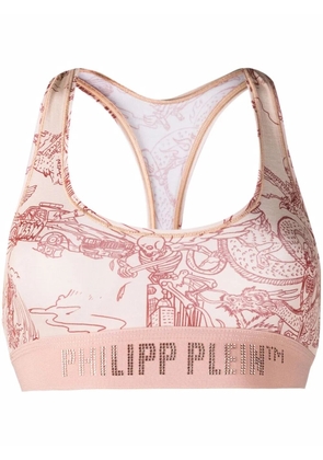 Philipp Plein logo-underband skeleton-print bra - Orange