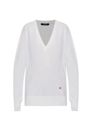 Balmain pointelle-knit V-neck sweater - White
