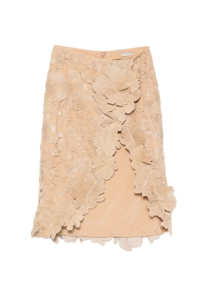 Elie Saab floral-appliqué midi skirt - Brown