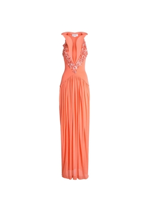 Genny floral-appliqué pleated maxi dress - Orange