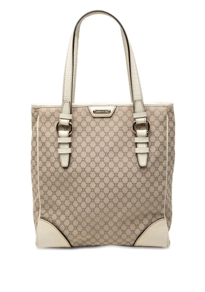 Celine Pre-Owned 2008 Croc Embossed Leather Trimmed Macadam Canvas tote bag - White