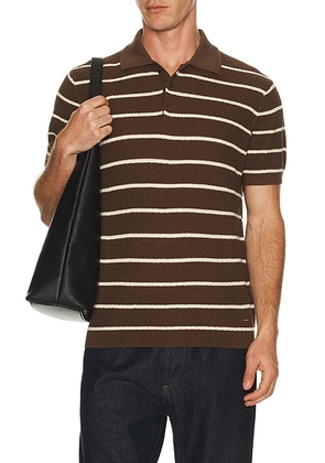 SIMKHAI Calum Short Sleeve Polo in Chocolate Stripe - Brown. Size M (also in S, L, XL/1X, XXL/2X).