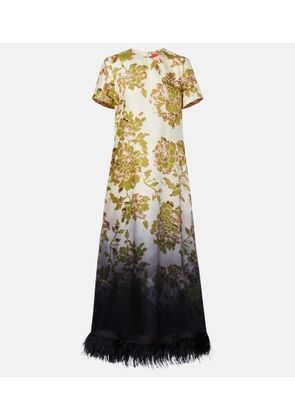 La DoubleJ Swing feather-trimmed floral silk twill maxi dress