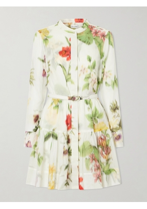 Oscar de la Renta - Belted Floral-print Cotton-voile Mini Dress - White - US0,US2,US4,US6,US8,US10