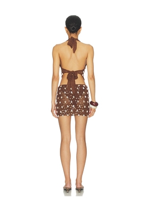 superdown Kimmie Crochet Mini Skirt Set in Brown. Size XS. Also in S, M, L.