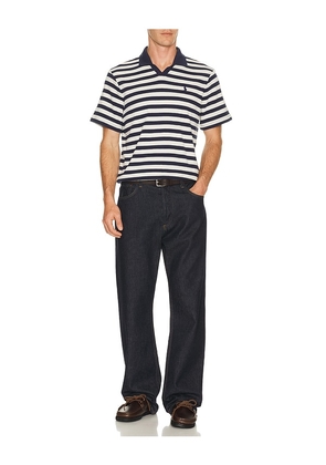 Polo Ralph Lauren Short Sleeve Cotton Club Stripe Textured Fully Fashioned Johnny Collar Polo in Navy. Size S. Also in M, L, XL/1X, XXL/2X.