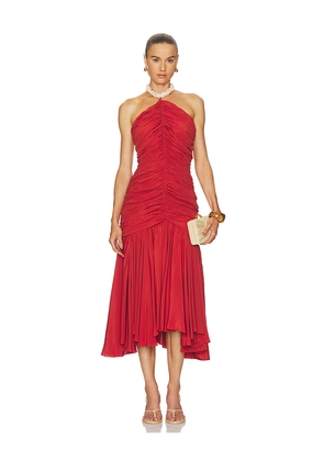 BALMAIN Shell Detail Draped Crepe Long Dress in Red. Size 34. Also in 38, 40.