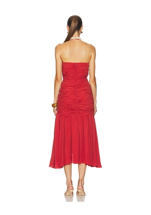 BALMAIN Shell Detail Draped Crepe Long Dress in Red. Size 34. Also in 36, 38, 40.