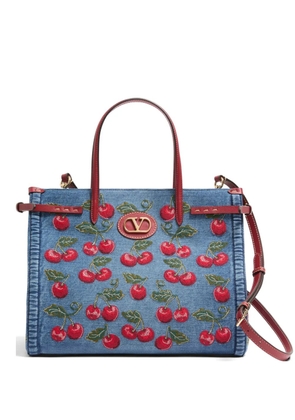 Valentino Garavani Antibes medium shopping bag in denim with cherryfic embroidery - Blue