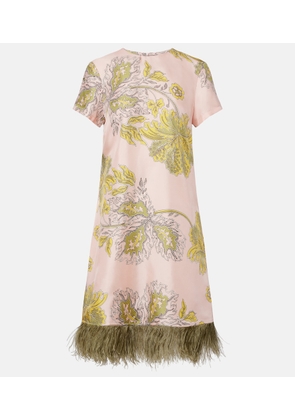 La DoubleJ Swing feather-trimmed floral silk twill minidress