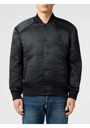 PHILIPP PLEIN Satin Bomber Jacket with Embroidered Hexagon Logo