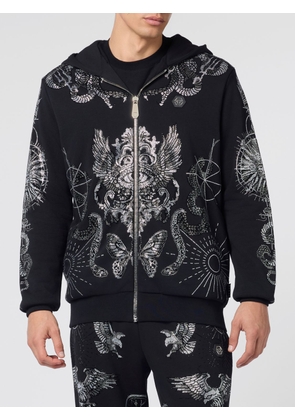 PHILIPP PLEIN Zipped Cotton Hoodie with Skull Print and Rhinestones