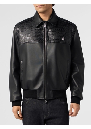BILLIONAIRE Leather Bomber Jacket with Classic Collar and Zip Closure