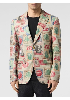 BILLIONAIRE Single-Breasted Linen Blazer with Graphic Print and Lapel Collar