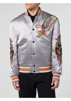 PHILIPP PLEIN Satin Bomber Jacket with Embroidered Patches and Hexagon Logo