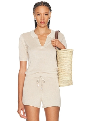 La Porte Odette Knit Polo Top in Champagne - Metallic Neutral. Size S (also in XS, M, L).