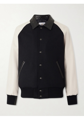 Golden Bear - Collared Raglan Leather Trimmed Wool-Blend Bomber Jacket - Men - Black - S