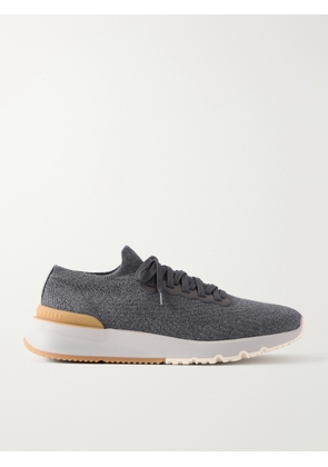 Brunello Cucinelli - Leather-Trimmed Stretch-Knit Sneakers - Men - Gray - EU 40