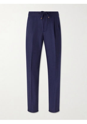 Brunello Cucinelli - Tapered Pleated Virgin Wool-Flannel Drawstring Trousers - Men - Blue - IT 44