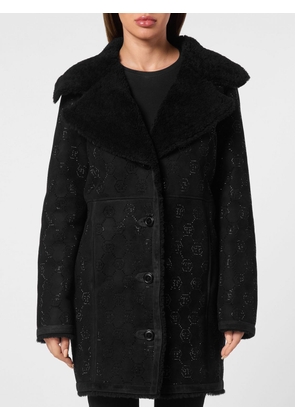 PHILIPP PLEIN Single-Breasted Shearling Coat with Rhinestone Hexagon Logo