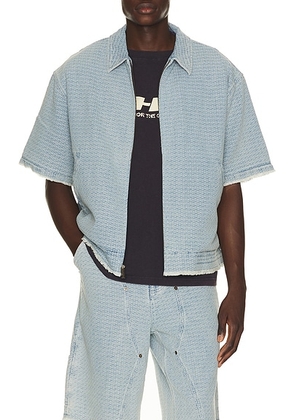 Honor The Gift Vintage Indigo Zip Front Short Sleeve in Light Indigo - Blue. Size L (also in S, XL/1X, XXL/2X).