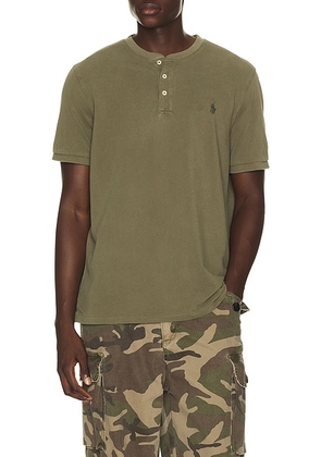 Polo Ralph Lauren Short Sleeve Garment Dyed Featherweight Mesh Henley T-Shirt in Cruise Olive - Olive. Size XXL/2X (also in S, M, L, XL/1X).