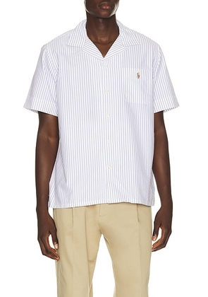 Polo Ralph Lauren Short Sleeve Lightweight Oxford Andy Stripe Camp Shirt in White Royal - White. Size XL/1X (also in S, M, L, XXL/2X).