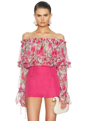 Chloe Off Shoulder Blouse in White & Pink - Pink. Size 38 (also in 36, 40).