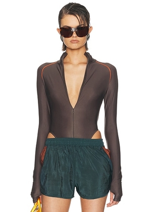 LaQuan Smith Long Sleeve Top Stitch Bodysuit in Chocolate & Orange - Chocolate. Size L (also in XS, S, M).