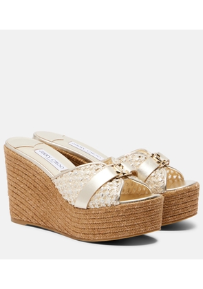 Jimmy Choo Leda raffia-trimmed leather wedge espadrilles