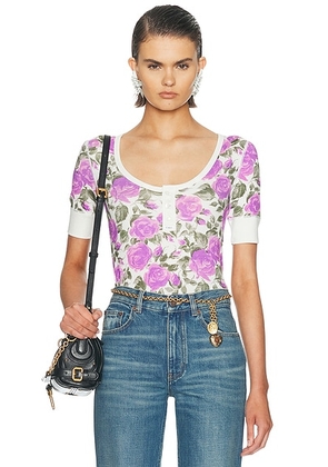 Chloe Floral Henley Top in White & Purple - Purple. Size S (also in M, L).