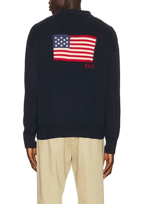 Polo Ralph Lauren Cotton Blend Novelty Flag 4-Button Placket Pullover Sweater in Navy Combo - Navy. Size M (also in L, XL/1X).