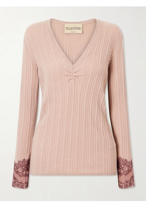 Valentino Garavani - Lace-trimmed Ribbed Cashmere Sweater - Neutrals - xx small,x small,small,medium,large