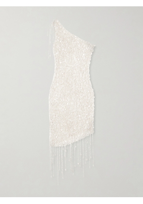 Clio Peppiatt - Naia Asymmetric Embellished Open-knit Cotton Mini Dress - Neutrals - XXS/XS,S/M,L/XL