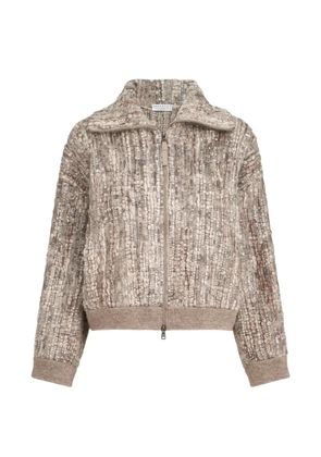 Brunello Cucinelli dazzling tree bark embroidery cardigan in mohair and wool - Neutrals