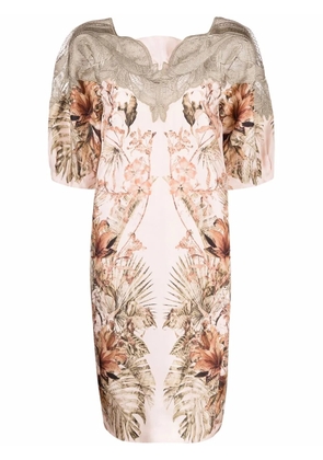 Alberta Ferretti macramé detailing floral-print shift dress - Neutrals