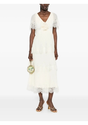 Self-Portrait lace-trim pleated midi dress - Yellow