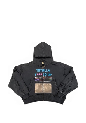 astrum TFU zip-up distressed-detailing graphic-print hoodie - Black