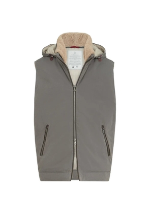 Brunello Cucinelli waxed techno-cotton down vest with detachable hood - Grey