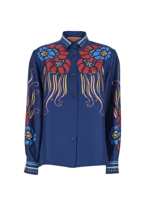 La DoubleJ Lemuria Placée floral-print button-down silk shirt - Blue