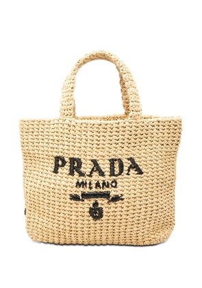Prada Pre-Owned 2013-2026 Small Raffia Effect Crochet Embroidered Logo tote bag - Neutrals