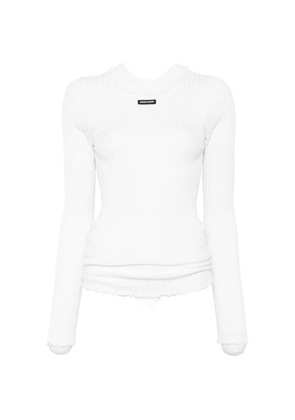 Miu Miu ribbed-knit ruffle-trim silk T-shirt - Neutrals