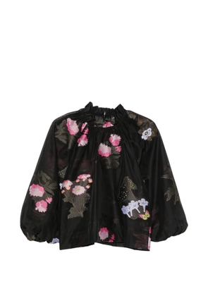 Cynthia Rowley floral-embroidered puff-sleeve blouse - Black