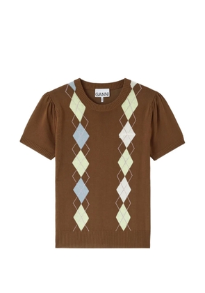 GANNI argyle-pattern puff-sleeve T-shirt - Brown