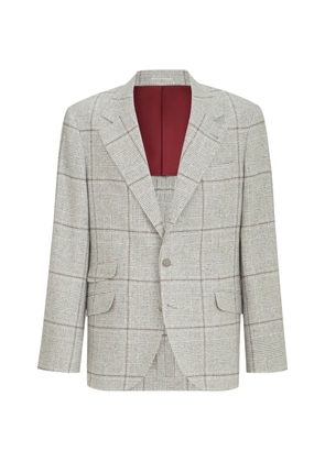 Brunello Cucinelli silk, wool and cashmere Prince-of-Wales flannel deconstructed Cavallo blazer with metal buttons - Grey