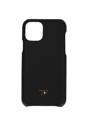 TOM FORD logo-plaque grained-texture leather phone case - Black