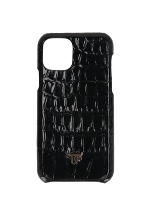TOM FORD logo-plaque croc-effect leather phone case - Black