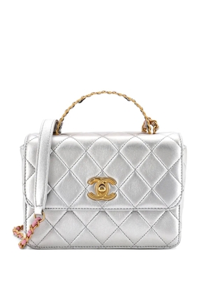 CHANEL Pre-Owned Logo Links Top Handle Flap Bag Quilted Calfskin Mini satchel - Silver
